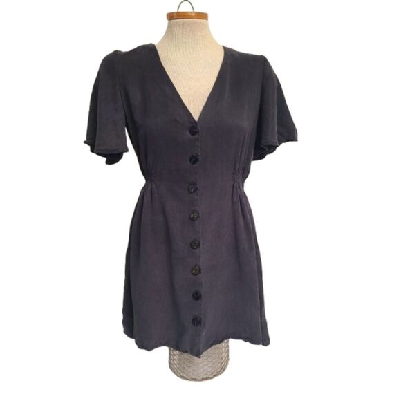 Zara Y2K Retro V Neck Flutter Sleeve Mini Dress Elastic Waistband MEDIUM Black - Picture 1 of 9